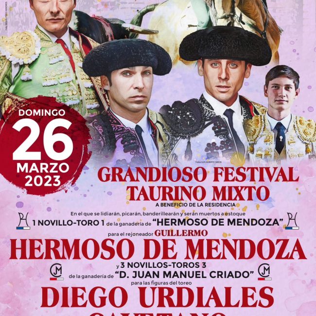 Cartel taurino Ricla 2023. Hermoso de Mendoza, Diego Urdiales, Cayetano, Juan Ortega y Francisco Fernando