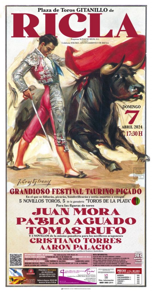 Cartel Taurino Ricla 2024. Juan Mora, Pablo Aguado y Tomás Rufo